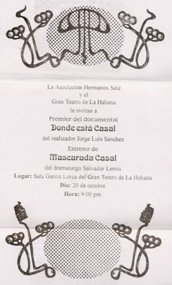 invitación al estreno de "Mascarada Casal"